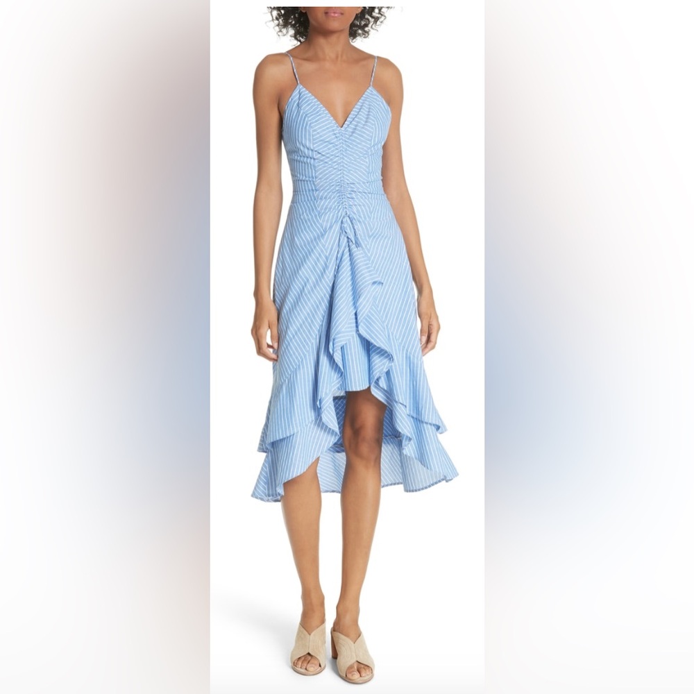 JOIE EBERTA FRENCH Chambray Blue stripe ruffle dress trimmed high/low midi dress